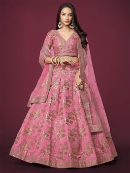 Odette - Light Pink Embroidered Semi Stitched Lehenga, Unstitched Blouse & Dupatta (Set of 3)