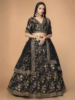 Odette - Black Embroidered Semi Stitched Lehenga with Unstitched Blouse & Dupatta (Set of 3)