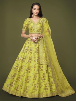 Odette - Green Embroidered Semi Stitched Lehenga with Unstitched Blouse & Dupatta (Set of 3)