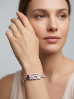 Adwitiya - Rhodium-Plated Cz and Purple Stone Leaf Motif Bracelet