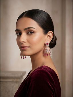 Adwitiya - Rose Gold Ruby-Colored Stone Jhumka Earrings