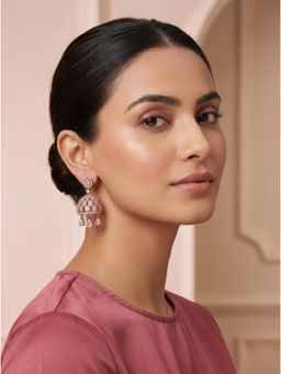 Adwitiya - Rose Gold Soft Pink Stone Jhumka Earrings