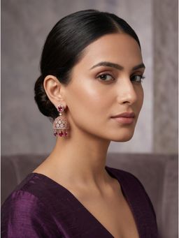 Adwitiya - Rose Gold Pink Stone Floral Jhumka Earrings