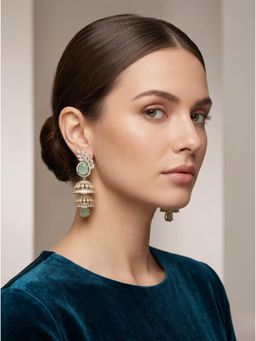 Adwitiya - Gold-Plated Mint Green Stone Leaf Jhumka Earrings