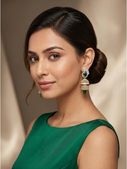 Adwitiya - Elegant Emerald-Stone Double-Tier Jhumka Earrings