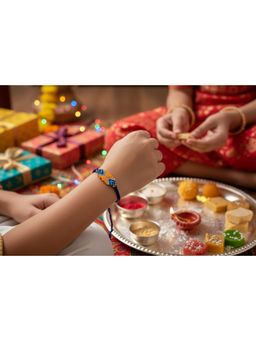 Priaansha Creations - Blue Orange Geometric Beaded Thread Rakhi for Raksha Bandhan