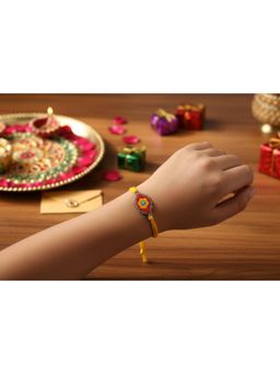Priaansha Creations - Yellow Red Oval Beaded Thread Rakhi for Raksha Bandhan