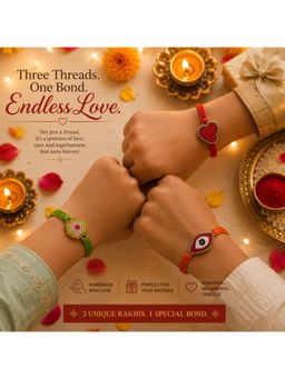 Priaansha Creations - Pack of 3 Red Heart Beaded Thread Rakhi for Raksha Bandhan