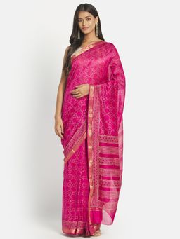 Fabindia - Magenta Hand Block Print Cotton Silk Stitched Saree without Blouse