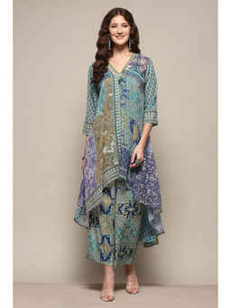 Biba - Women Polyester Printed Blue Kurta With Slip & Palazzo (Set of 3)