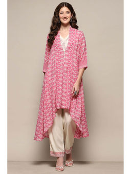 Biba - Women Cotton Printed Pink Kurta With Jacket & Pant (Set of 3)