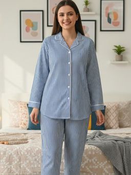 MASU - Women Blue Pure Cotton Classy Strips Print Shirt with Pyjama and Sleeve Bag