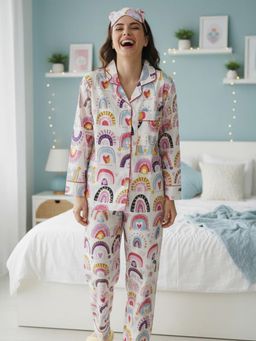 MASU - Women White Pure Cotton Over The Rainbow Print Shirt with Pyjama and Sleeve Bag