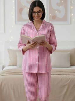 MASU - Women Pink Pure Cotton Sunday Stripes Print Shirt with Pyjama and Sleeve Bag