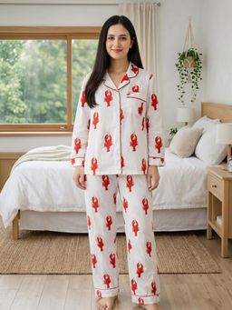 MASU - Women Red Pure Cotton Red Lobster Print Shirt with Pyjama and Sleeve Bag