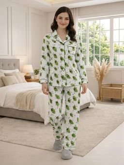MASU - Women Green Pure Cotton Avocado Print Shirt with Pyjama and Sleeve Bag