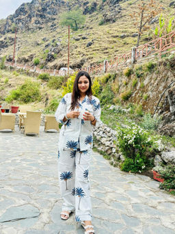 MASU - Women Blue Pure Cotton Vacation Mode Print Shirt with Pyjama and Sleeve Bag