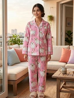MASU - Women Pink Pure Cotton Baa Baa Pink Sheep Print Shirt with Pyjama and Sleeve Bag