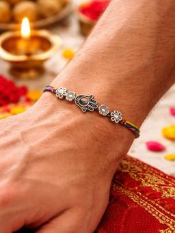 Digital Dress Room - Silver Floral Design Hamsa Thread Rakhi
