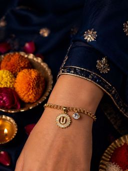 Digital Dress Room - U Letter Crystal Charm Bracelet Rakhi