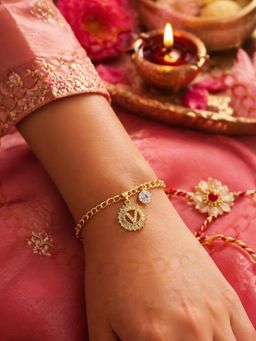 Digital Dress Room - V Letter Crystal Charm Bracelet Rakhi