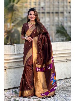 Mysilklove - Cocoa Bean Brown Woven Paithani Saree with Unstitched Blouse