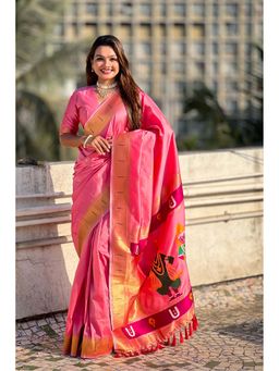 Mysilklove - Fiery Rose Pink Woven Paithani Saree with Unstitched Blouse