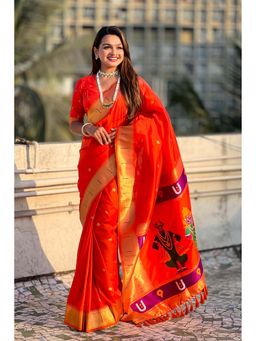 Mysilklove - Torch Red Woven Paithani Saree with Unstitched Blouse