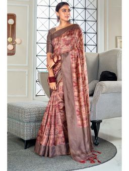 Mysilklove - Copper Penny Digital Printed Banarasi Saree with Unstitched Blouse