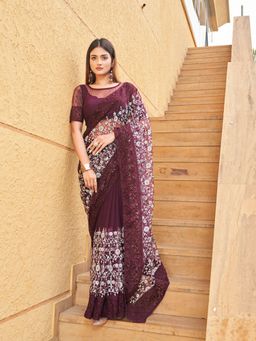 Tikhi Imli - Wine Colored Net Embroidered Saree with Unstitched Blouse