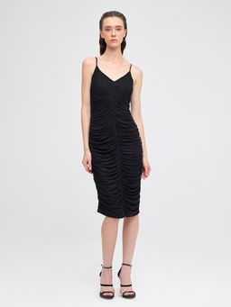 Cover Story - Black Bodycon Ruched Mesh Dress