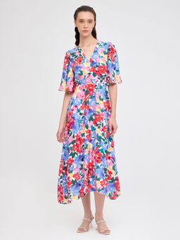 Cover Story - Multi-Color Floral Print Wrap Midi Dress