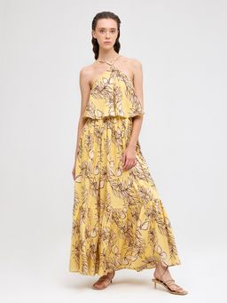 Cover Story - Yellow Tropical Print Halter Neck Maxi Dress