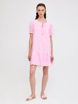 Cover Story - Pink Cotton Self Design Schiffli Mini Dress