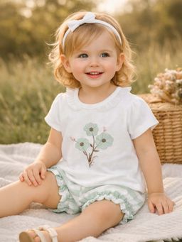 Mi Arcus - Cotton Embroidered Top With Stripes Shorts