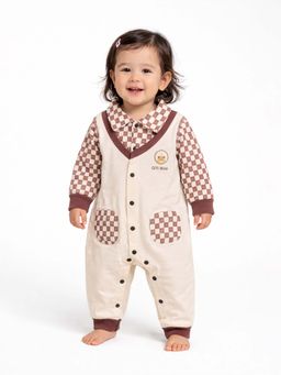 Little Surprise Box - Brown Half Checks Full Sleeves Romper