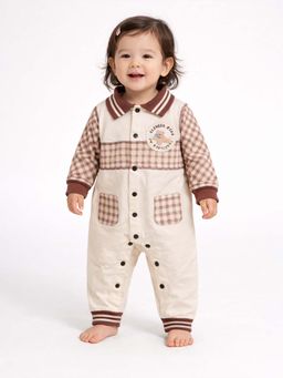 Little Surprise Box - Brown Half Checks Full Sleeves Romper