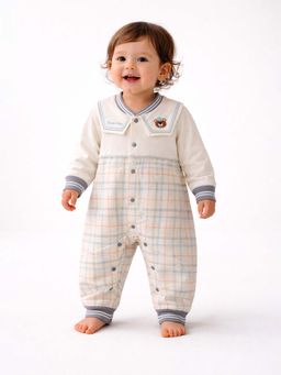 Little Surprise Box - Grey Checks V Neck Full Sleeves Romper