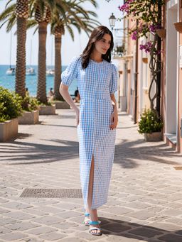 AAYU - Blue and White Gingham Puff Sleeve Button-Down Dress