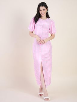 AAYU - Pink Gingham Check Cotton Blend Puff Sleeve Button-Front Dress