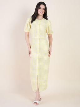 AAYU - Women Yellow Gingham Puff Sleeves Cotton Blend Dress