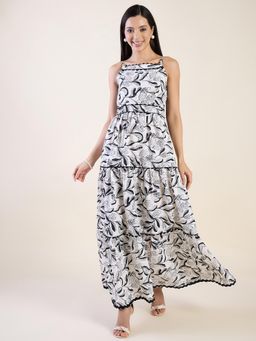AAYU - Black and White Floral Printed Crepe Sleeveless Tiered Dress