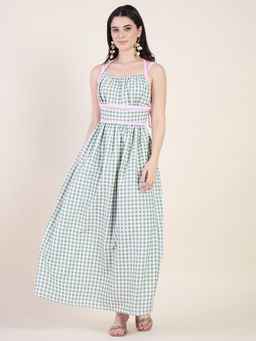 AAYU - Creation Women Green Gingham Check Cotton Blend Sleeveless Dress