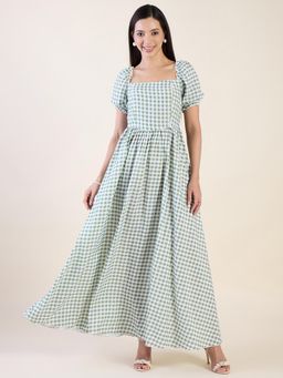 AAYU - Green and White Gingham Check Square Neck Dress with Puff Sleeves