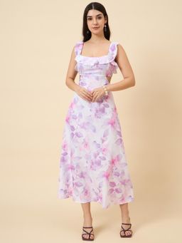 AAYU - Lavender and White Floral Print Ruffled Sleeveless Midi Dress