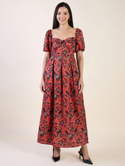 AAYU - Women Red Floral Printed Crepe Puff Sleeve Sweetheart Neck Midi A-Line Dress