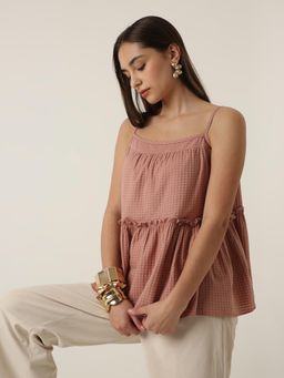 BLNK - Women Beige TEXTURED PATTERN SPAGHETTI STRAP LAYERED TOP