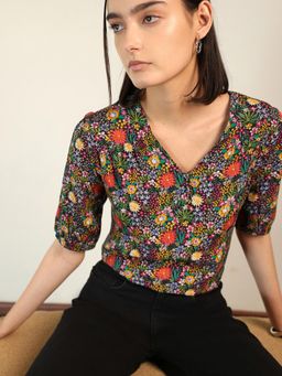 FABLE STREET - Viscose Floral Casual Top - Black
