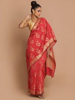 Indethnic - Banarasi Red Woven Design Daily Wear Saree With Unstitched Blouse