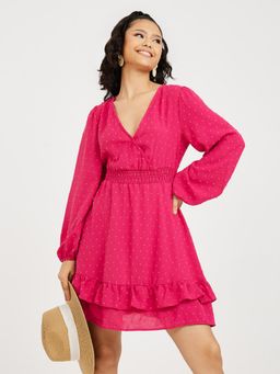Styli - Pink Balloon Sleeves Dobby Spot A-line Mini Dress